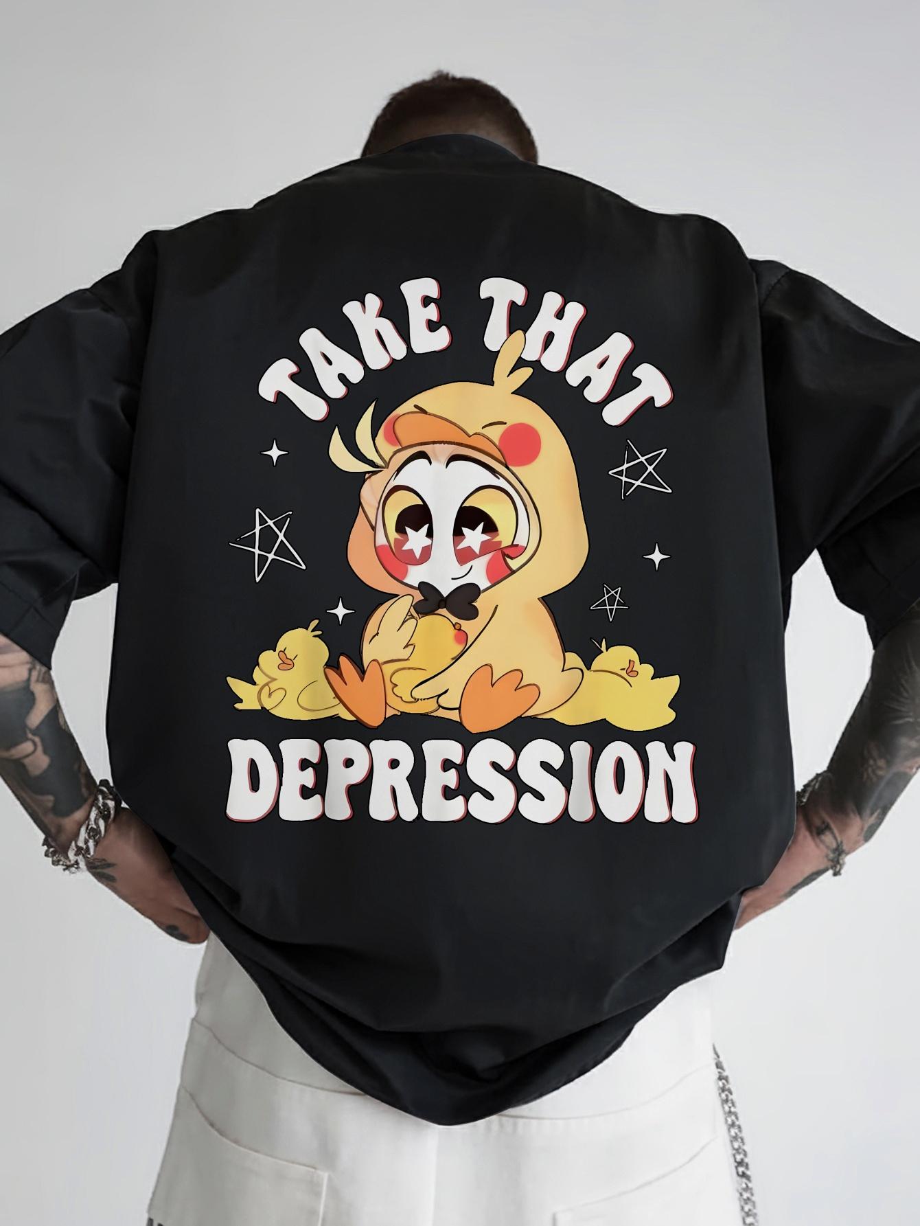 Casual Crew Neck T-shirt with Take That Depression Graphic Print - Black Polyester XXXL