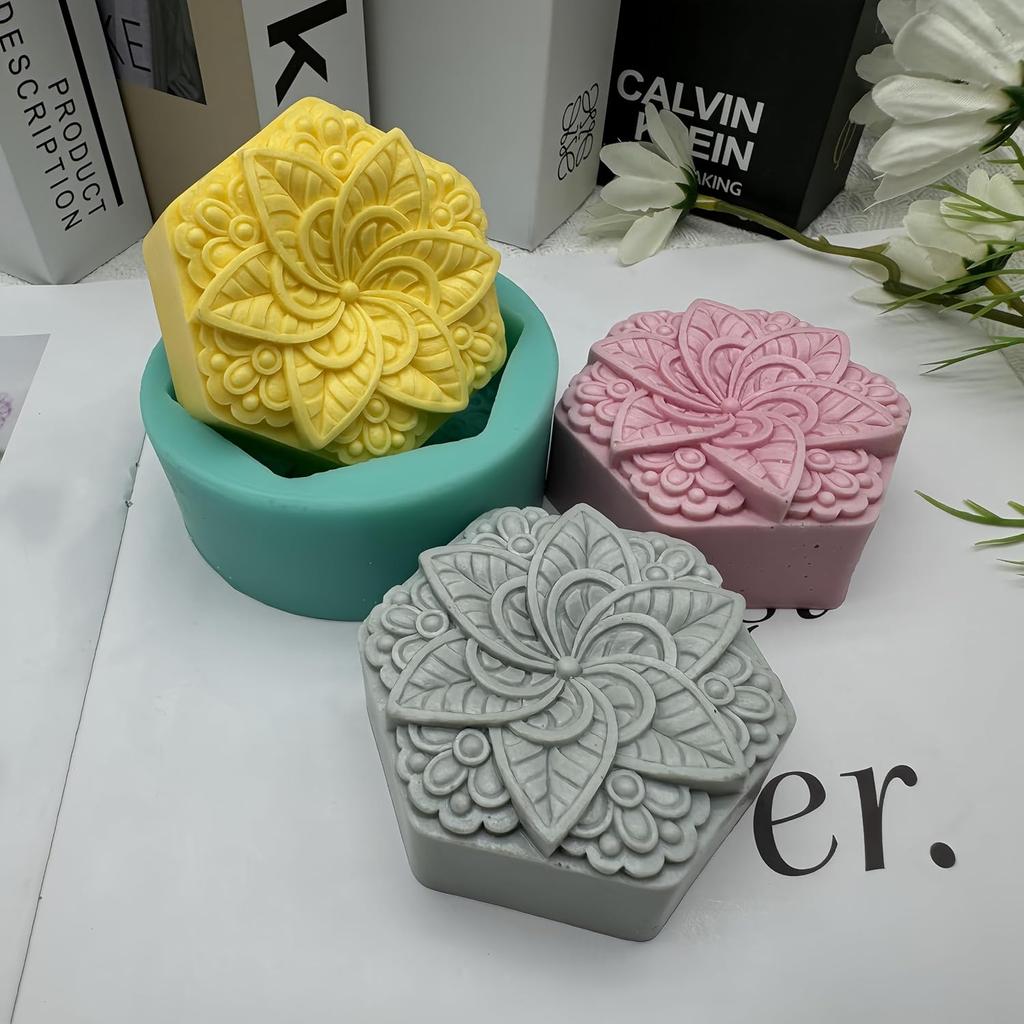 Hexagon Classical Pattern Soap Mold Candle Wax Molds,Decorated Epoxy Resin Aroma Plaster Diffuser Mould,DIY Silicone Mould for Handmade Soap Making