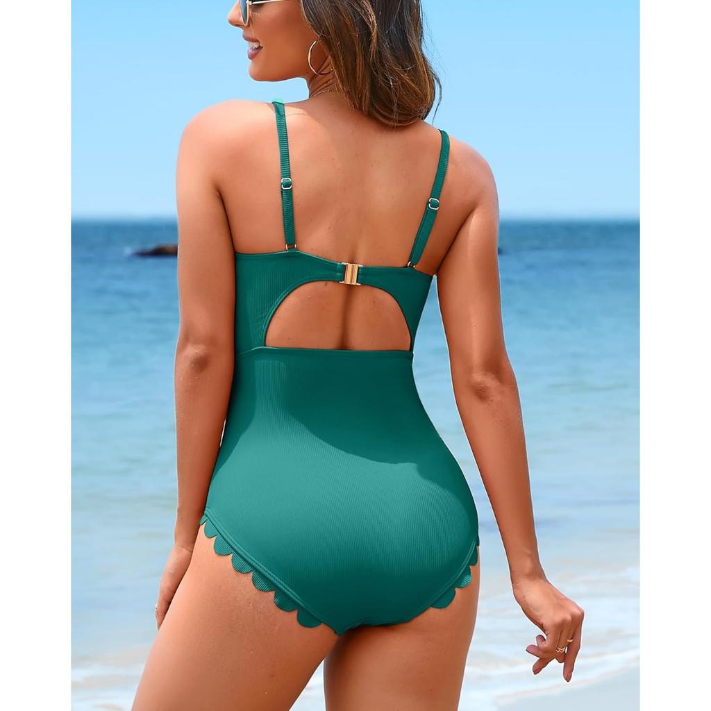 CHARMLEAKS Jednoczęściowe kostiumy kąpielowe damskie, kostiumy kąpielowe z prążkowanymi wykończeniami, kostiumy kąpielowe z wykończeniem w kształcie muszli, kostiumy kąpielowe z guzikami