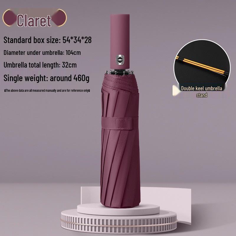 10-Rib 280T Pongee Automatic Three-Fold Inverted Umbrella with Silicone Strap Handle for Sun and Rain