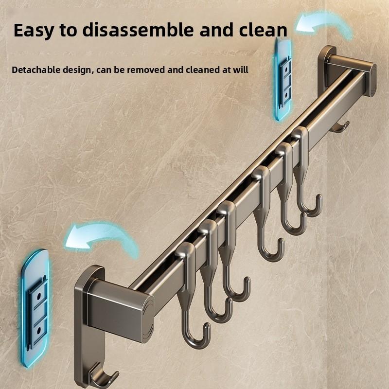 Kitchen Wall Mount Hooks And Double Rod Rack With Plastic And Carbon Steel For Home Organization