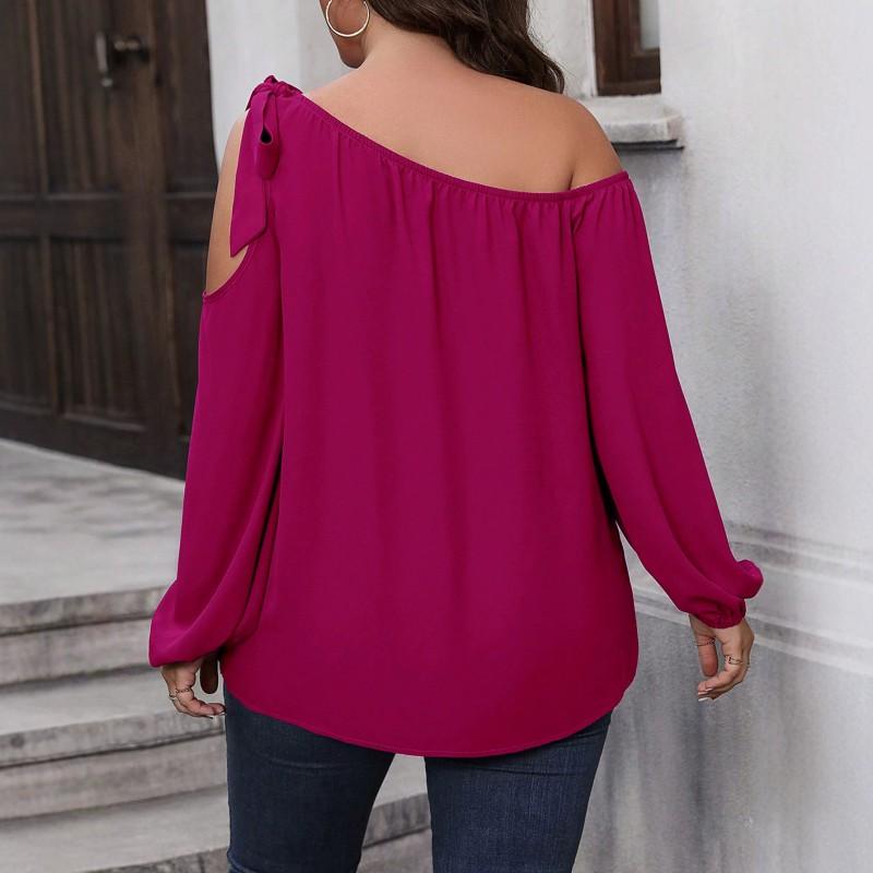 Plus Size Womens Off-Shoulder Long Sleeve Top With Bow Tie Lantern Sleeves Loose Fit Casual T-Shirt Daily Wear