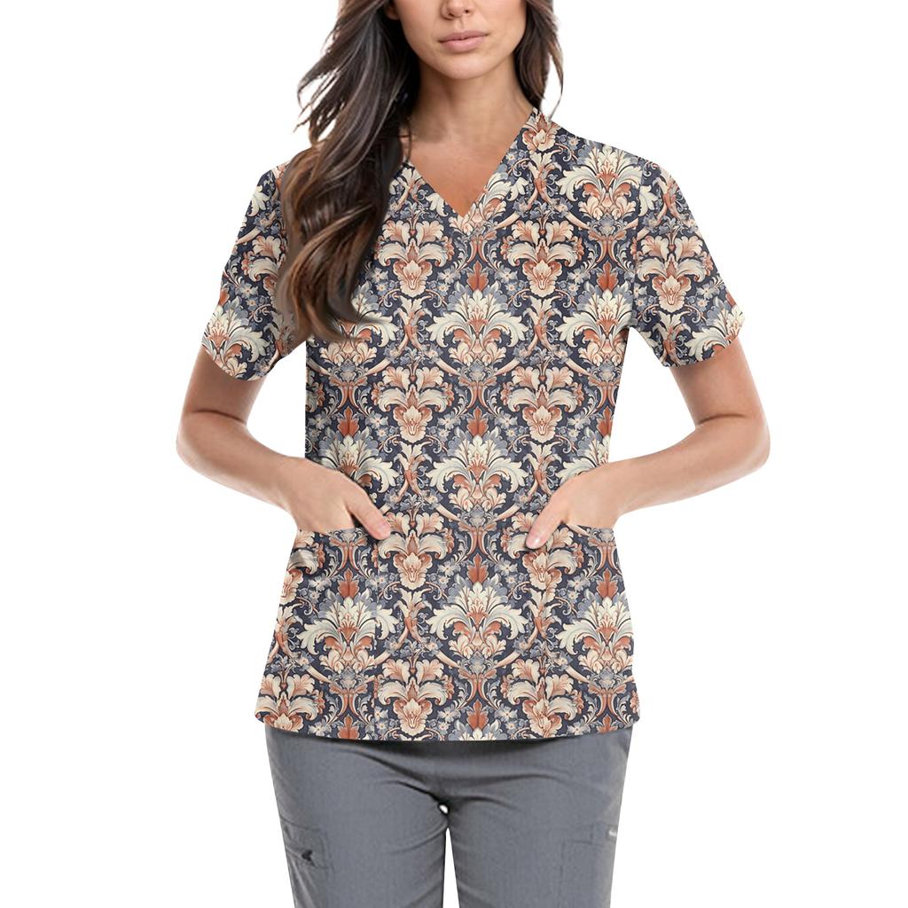 Dam T-shirt med korta ärmar och V-ringning med bohemiskt tryck Lätt mjukt tyg Casual lös passform Topp