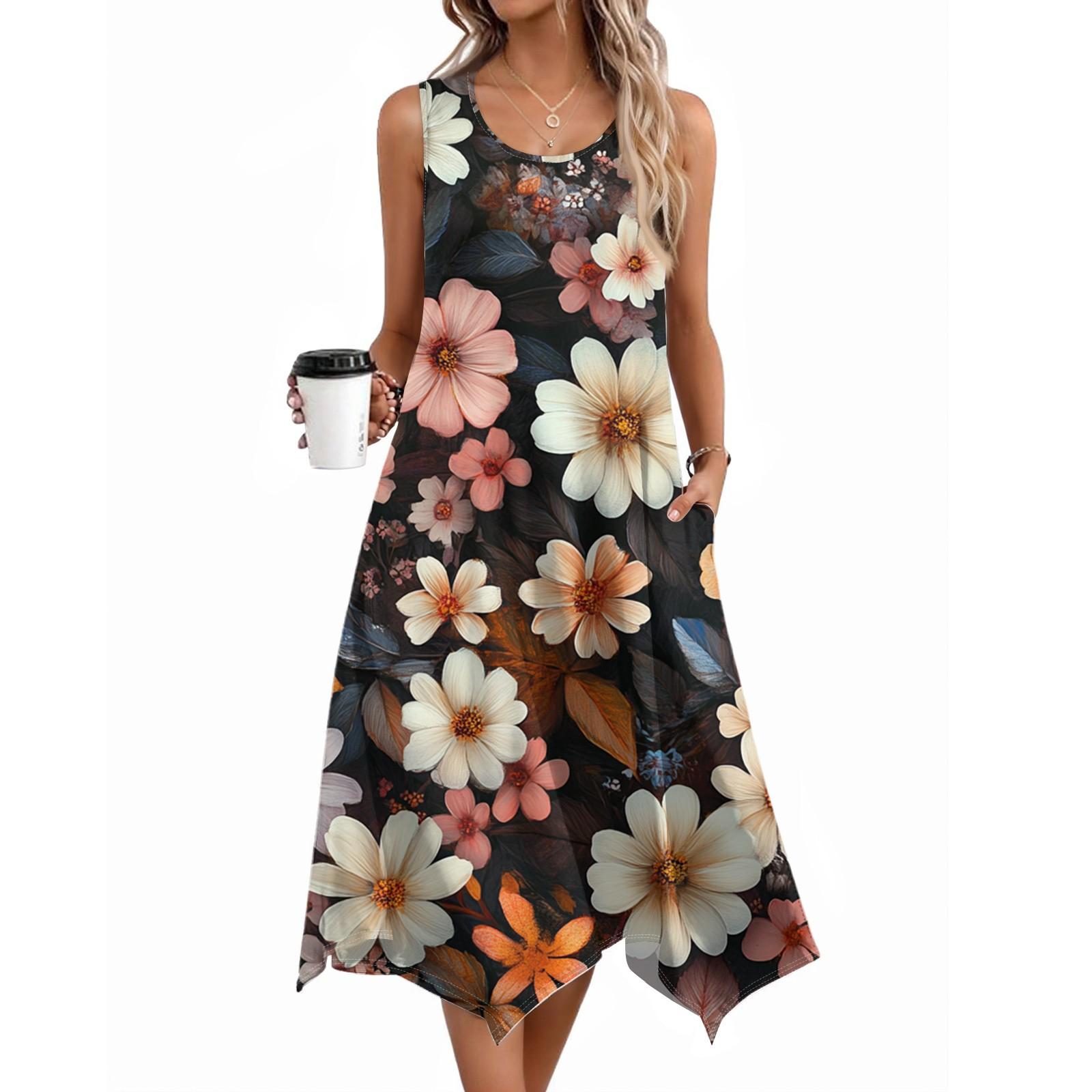 

Women Casual Sleeveless Summer Dresses Spring Crewneck Patchwork Boho Floral Ruffle Cocktail Party Midi Dress M