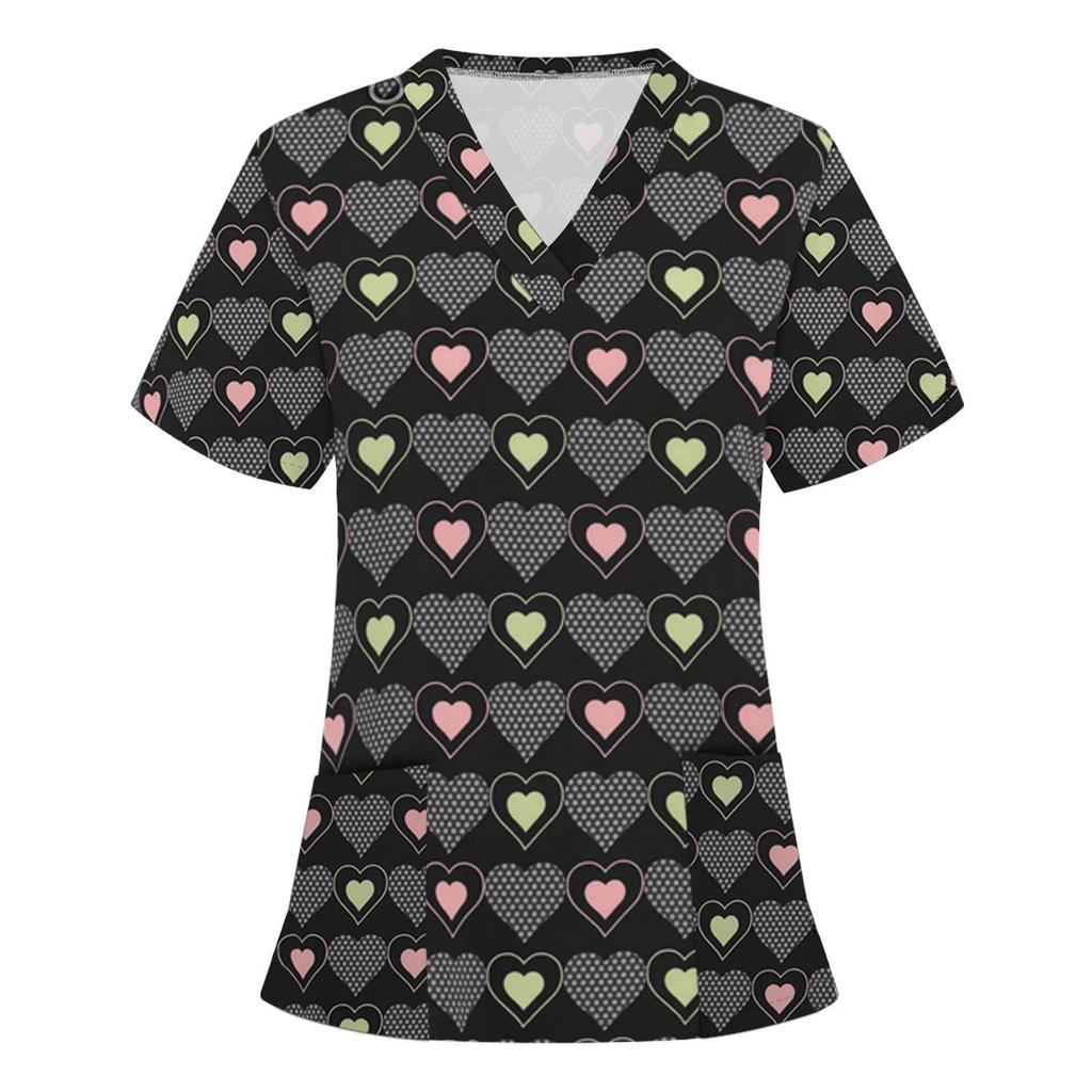 Medical Uniform V-Neck T-Shirts Working Hospital Halloween Short Sleeves Surgical Print Nurse Medical Scrub Print Tops Women Blo
