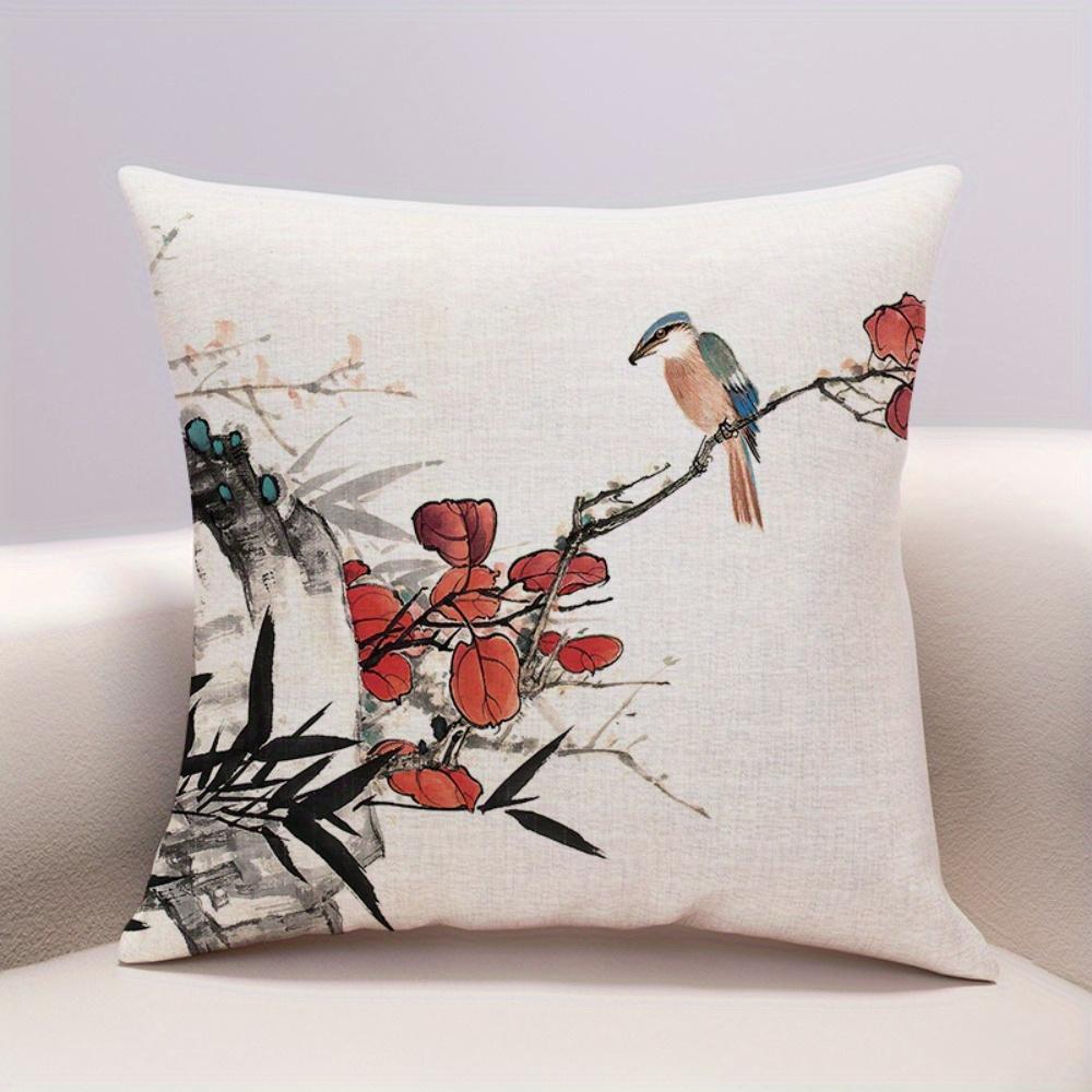 4Pcs Plum Blossom Bird Pattern Single-Sided Printing Short Plush Suitable Living Rooms Bedrooms Sofas (Excluding Pillow Cores)