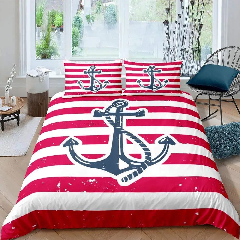 Nautical Anchor Pattern Duvet Cover Set King,Geometric Stripes Ocean Adventure Theme Quilt Navy Blue and Red Bedding Set 3pcs