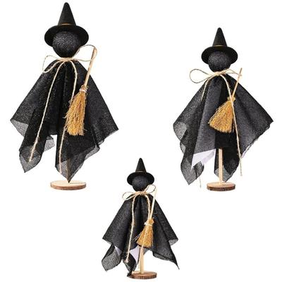3-teiliges Baumwollstoff Hexen-Geister-Dekorationen für Halloween-Heimparty-Ausstellung Holzsockel Zubehör-Set