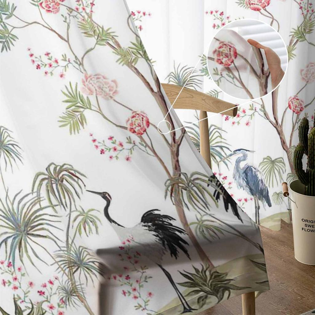 China Wind Crane Peach Tree Plant Palm Leaf Tulle Sheer Curtains For Living Room Bedroom Kitchen For Windows Voile Drapes