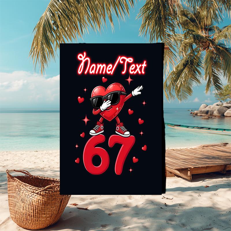1PC Custom Name "Love Celebration: Heartbeat 67" Beach Towel Highly Absorbent And Sand-Resistant Towel for Swimming, Pool, Yoga, And Travel Lightweigh