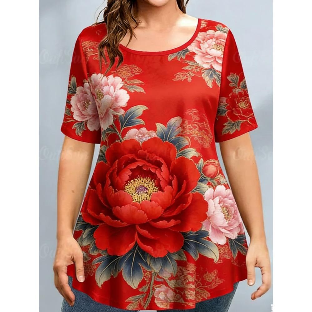 Ladies Summer Colorful Flower Butterfly Printed Large Loose Casual T-shirt Fashionable Comfortable Soft Breathable Short Sleeved T-shirt