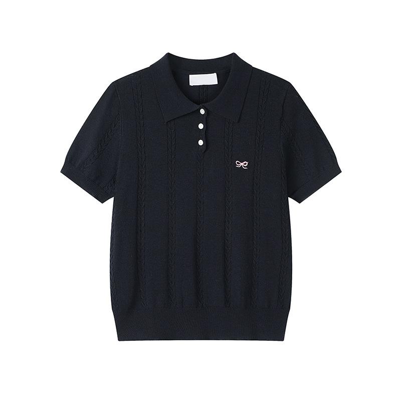 Tricou cu mânecă scurtă brodat cu fundă pentru femei, Un nou tricou polo de vară în stil coreean cu umeri drepți și un top subțire din tricot