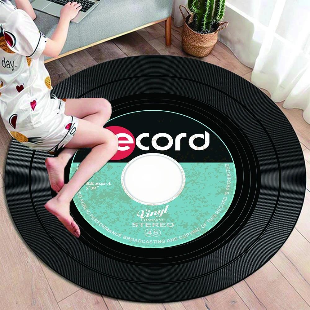 Runder Teppich mit klassischer Musik-Schallplatte, Teppiche für die Dekoration von Wohnzimmerstühlen, weiche, rutschfeste Bodenmatte zum Spielen für Kinder