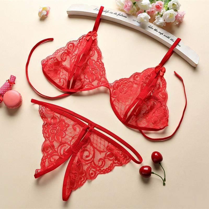 Sexy Lace Lingerie Set with Bowknot and Open Crotch, Women's Three-Point Style C06