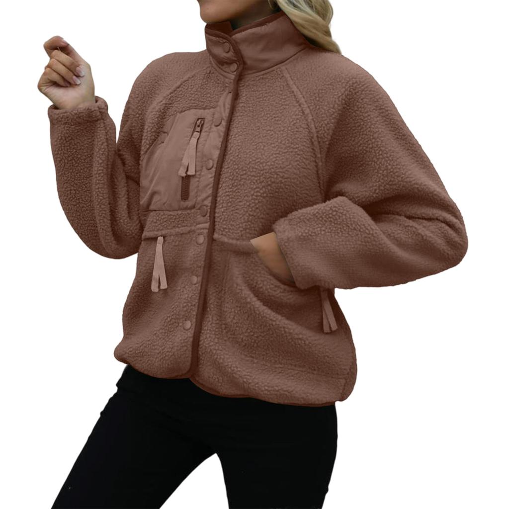 Damen Stehkragen Fleecejacke Knopfleiste Lässige Oberbekleidung Langarm Leichtes Sportliches Oberteil mit Tasche