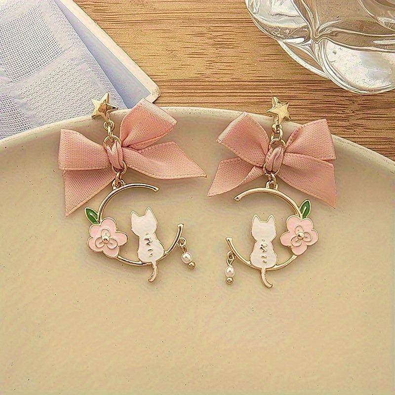 Cute Kitten Bow Tassel Dangle Earrings for Women Sweet Party Jewelry