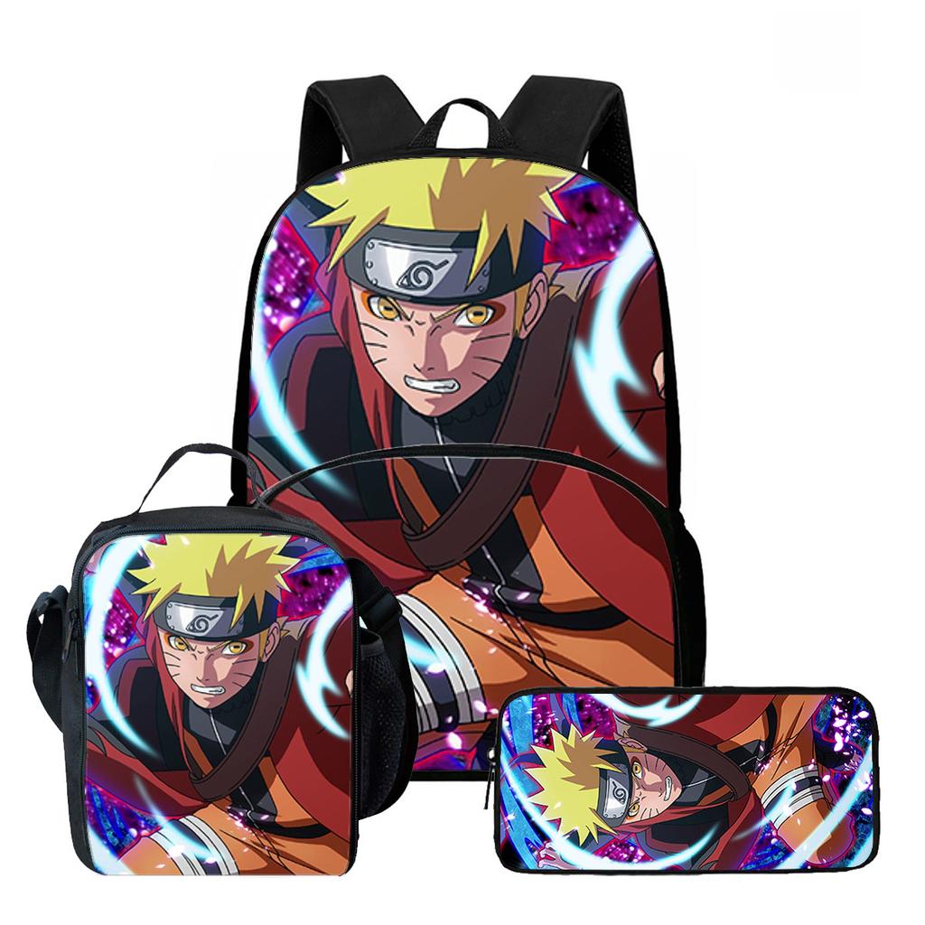 NARUTO Cartoon 3Pcs School Kit Durable Lightweight Backpack Front Pocket Lunch Bag Pencil Pouch For Kids Boys Girls Age 5-10