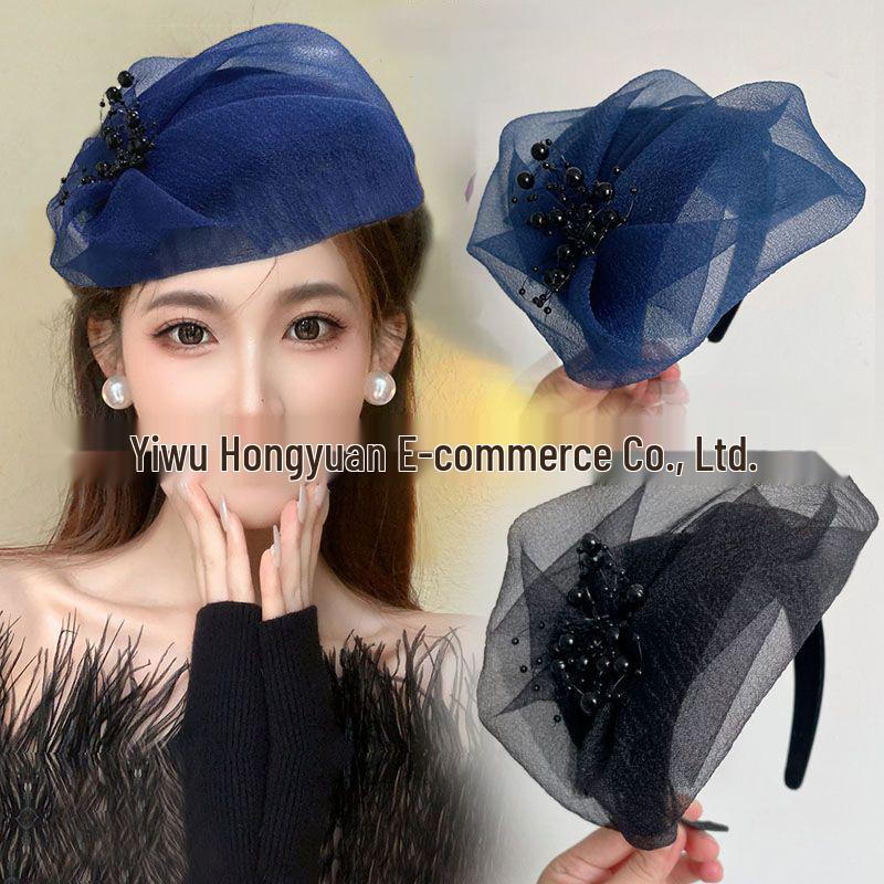 White Organza Evening Half Hat Headband with Wide Edge for High Skull Top Hairstyle