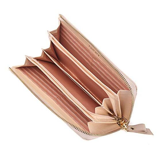 Fair Fairy Women's Wallet, Simple Ribbon, L-Zip, Genuine Cowhide Leather, Elegant, Large Capacity, Cute, 160724 (Pink Beige)