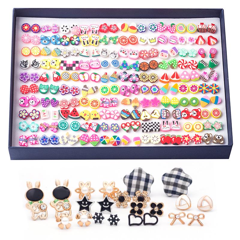 Korean 100-Pair Plastic Boxed Earrings Set - Soft Clay Drip Design, Diamond Glue Needle, Anti-Allergic.