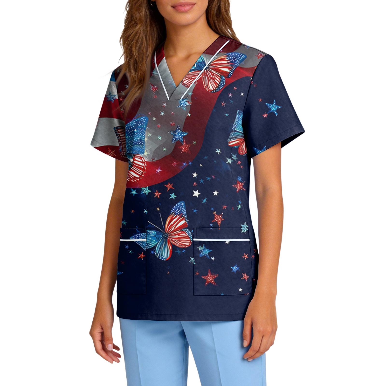 

Womens Stretchy Quick Dry V Neck Pocket Short Sleeve Top with 250 Years Print for Healthcare Work Uniforms Scrub Tops XXL