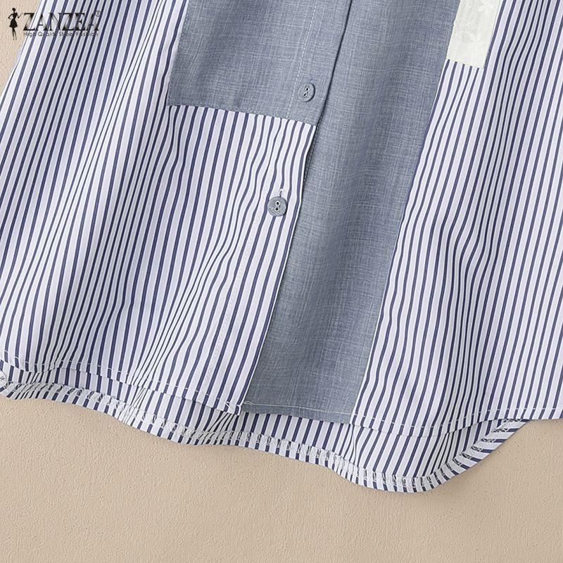 ZANZEA Women Casual Turn Down Collar Loose Short Sleeve Stripe Blouse