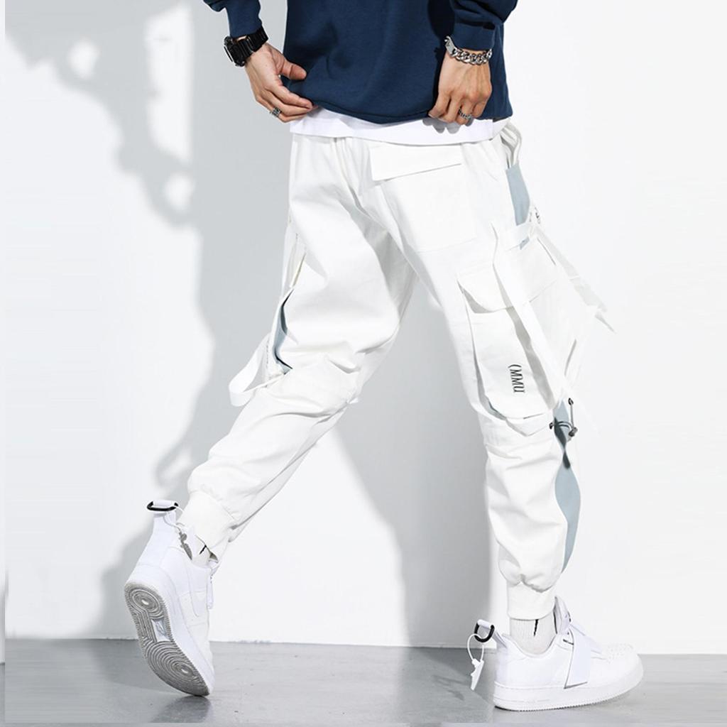 Men Hip Hop Drawstring Multi Pockets Straps Ankle Tied Long Cargo Pants Trousers
