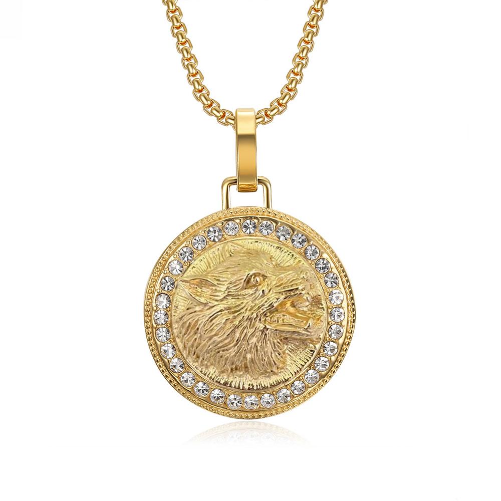 Punk Fashion Iced Out Bling Animal Wolf Head Pendant Male Gold Color Stainless Steel CZ Round Necklace For Men Jewelry Gift 2025