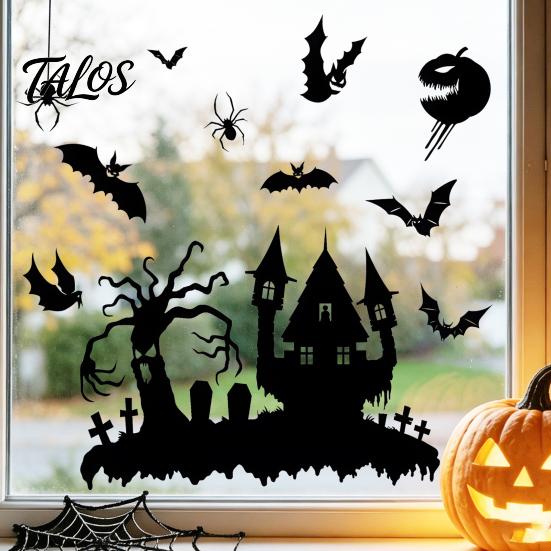 Retro Horror Party Supplies Halloween Static Sticker, with Witch/Ghost/Castle/Bat Silhouette Patterns, Durable PVC Window Clings Wall Decals,