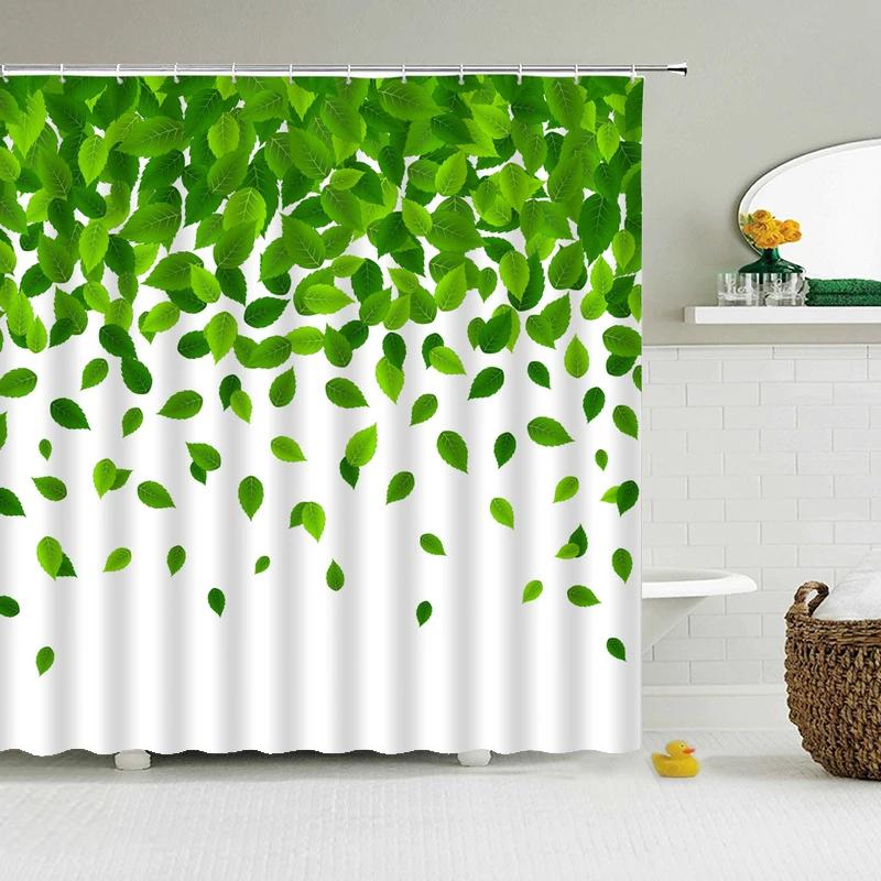 Green Plant Leaves Shower Curtains Bath Curtain Bathroom 3d Printed Fresh Waterproof Polyester Cloth With Hooks Home Decor Mat