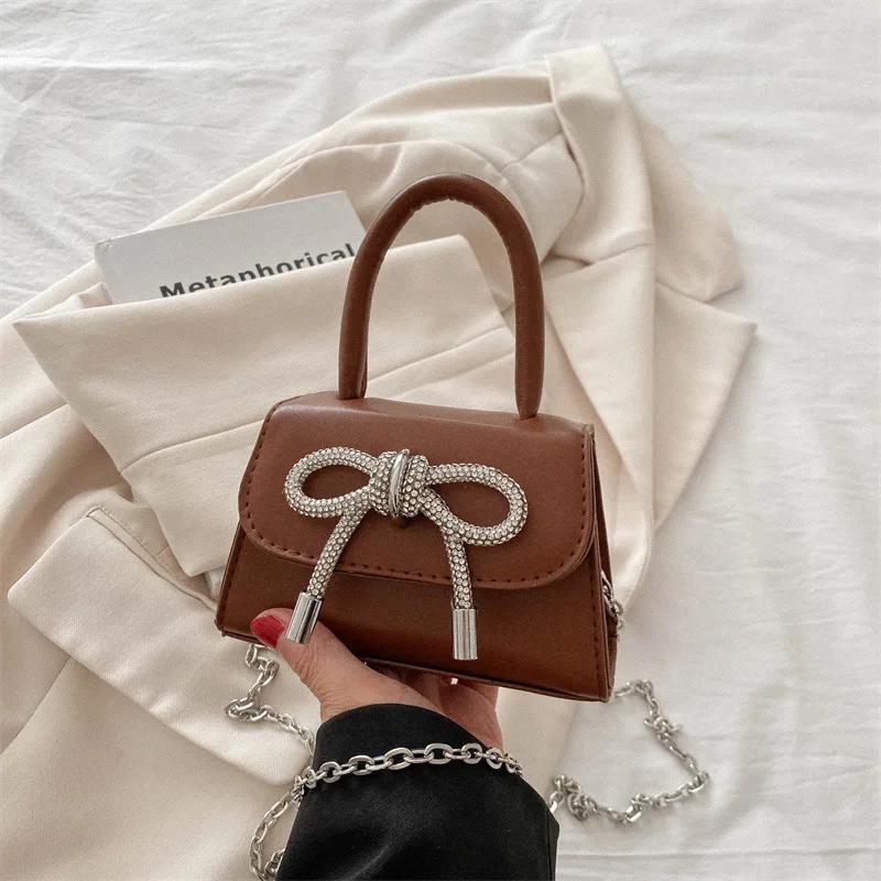 Bow Design Solid Color Mini Shoulder Bag PU Leather Flap Crossbody Bags for Women Fashion Female Chain Purse and Handbags