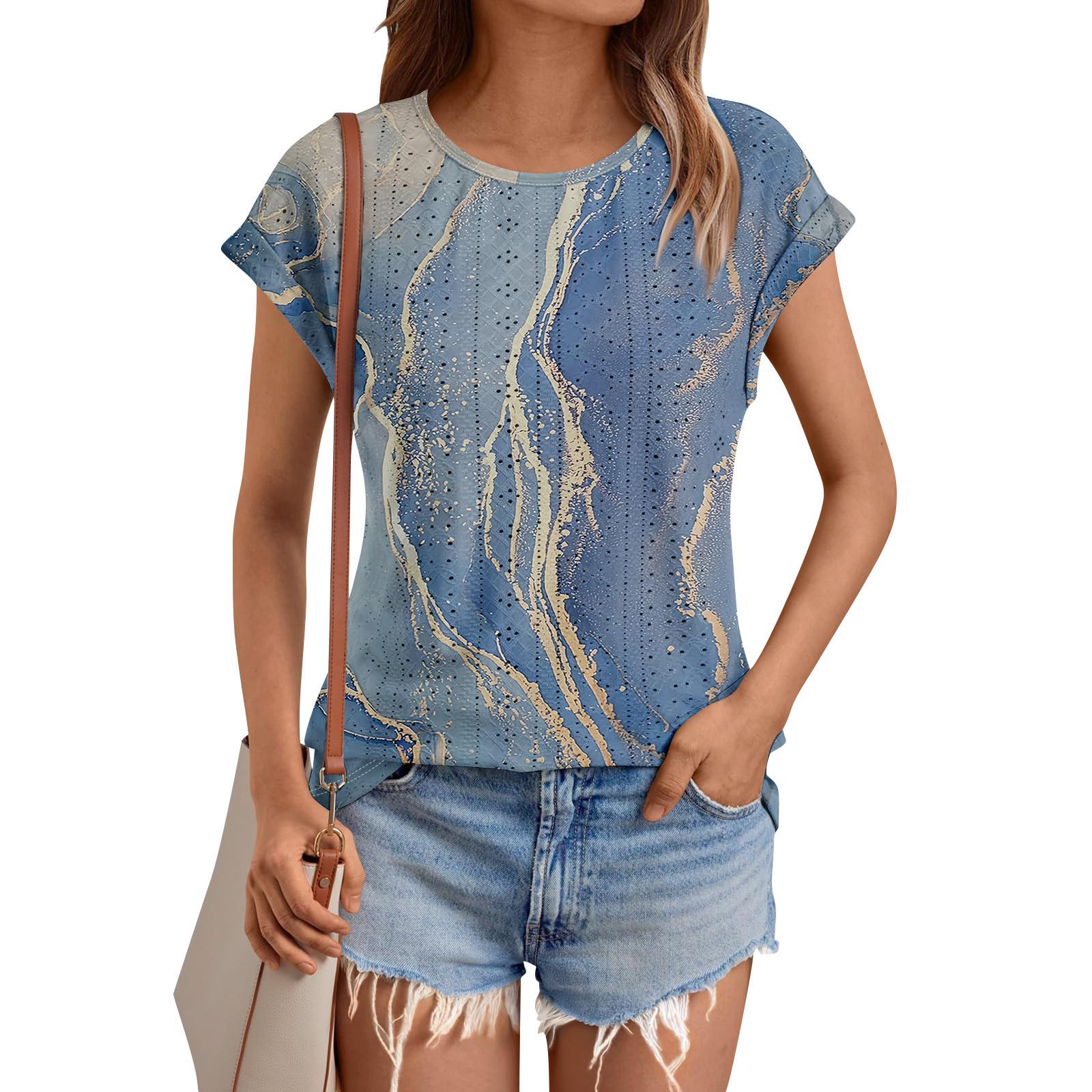 

Женские топы, футболки с коротким рукавом, блузки с принтом, нарядные повседневные ажурные вышивки, летняя модная одежда L синий