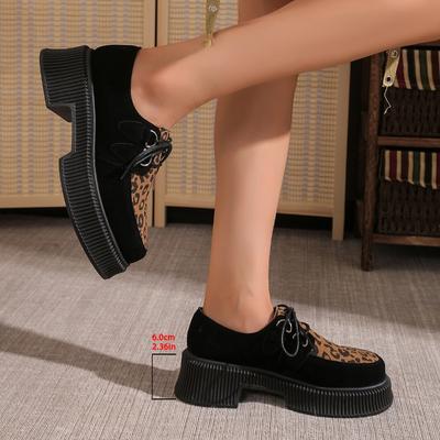Fashion Leopard Print Sneakers Woman Spring Faux Suede Platform Shoes Thick Sole Lace-up Dress Oxford Retro Loafers Zapatos De Mujer