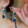 Water Drop Diamond Sapphire Blue Earrings Necklace Set French Court Style Collarbone Chain Jewelry Women