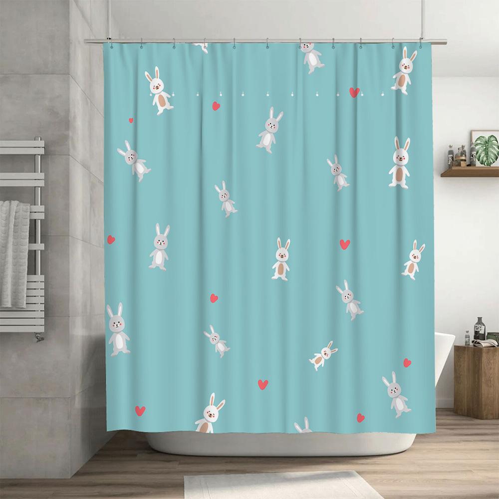 Bright Blue Shower Curtain with Cute Rabbit Design for Bathroom Decor Waterproof Fabric, Hook Included (180 x 240cm)