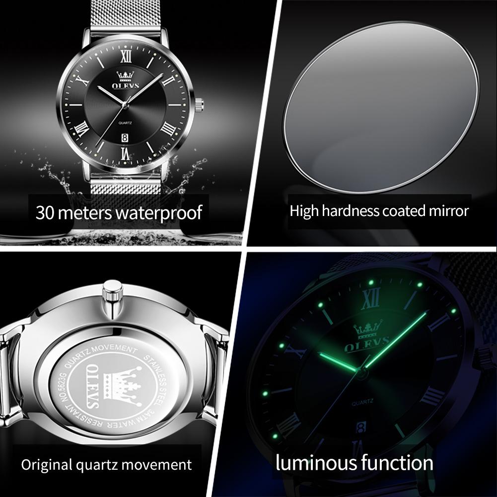 OLEVS Herrenuhr Minimalismus Ultradünne Original Quarz Armbanduhr Wasserdicht Leuchtend Mesh Armband Datum Uhr Geschenke