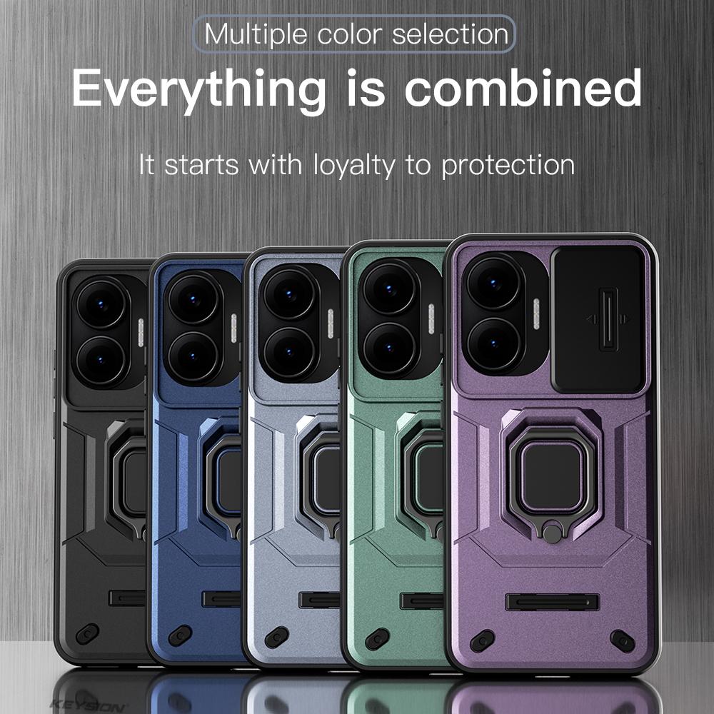 KEYSION Shockproof Armor Case for Xiaomi POCO F7 5G Slide Camera Lens Protection Ring Stand Phone Cover for Redmi Turbo 4 Pro