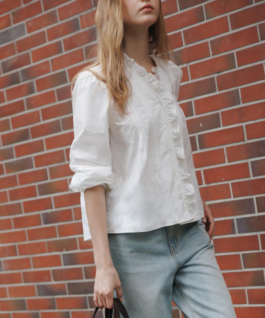 OSTKAKA Frill V-Neck Pintuck Blouse Ivory