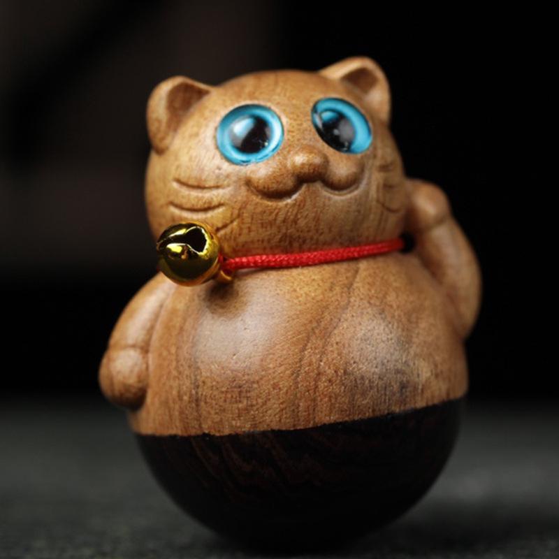 Green Sandalwood Cat Ornament - Solid Wood Hand-Carved Kitten for Home or Car Décor