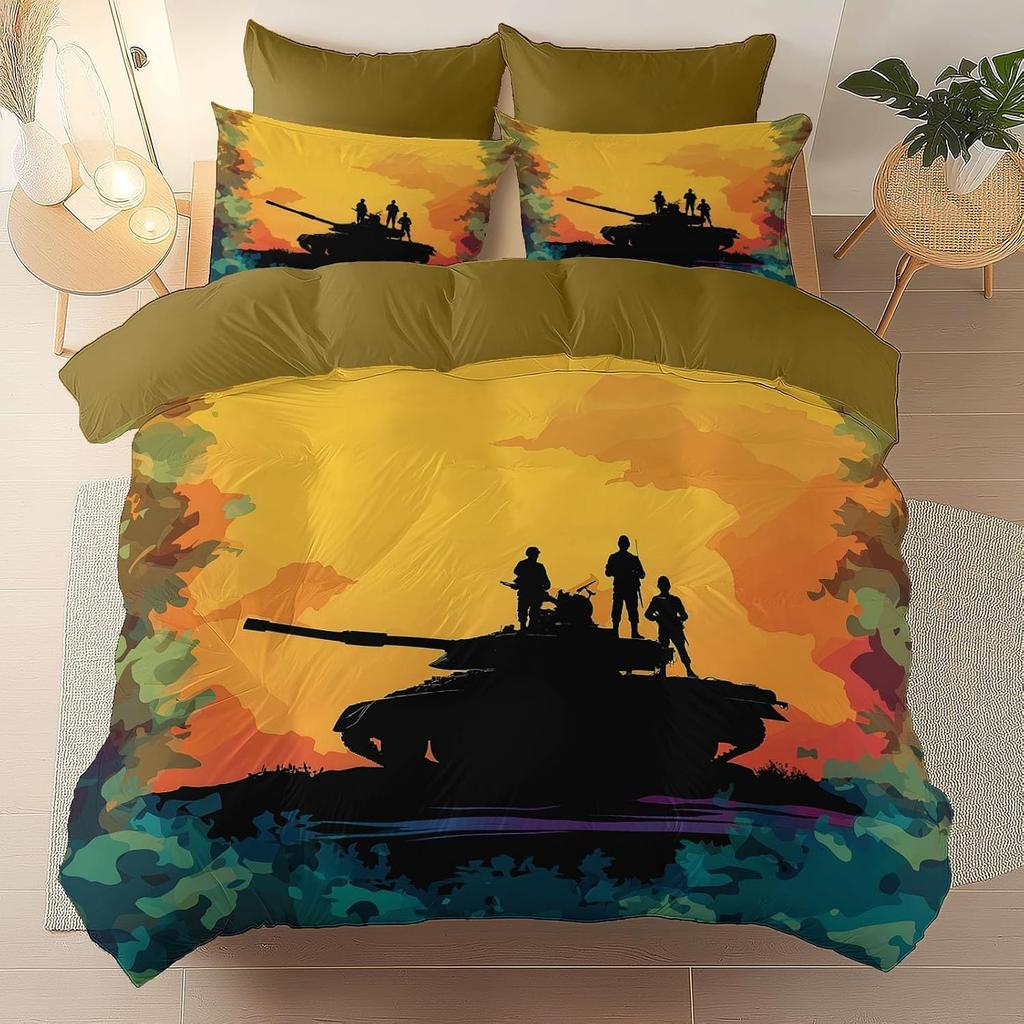 3D Print Duvet Cover 2Pcs,Camouflage Tank Theme Bedding Set with Pillowcase,Reversible Duvet Covers for Kids Boys Bedroom Decor