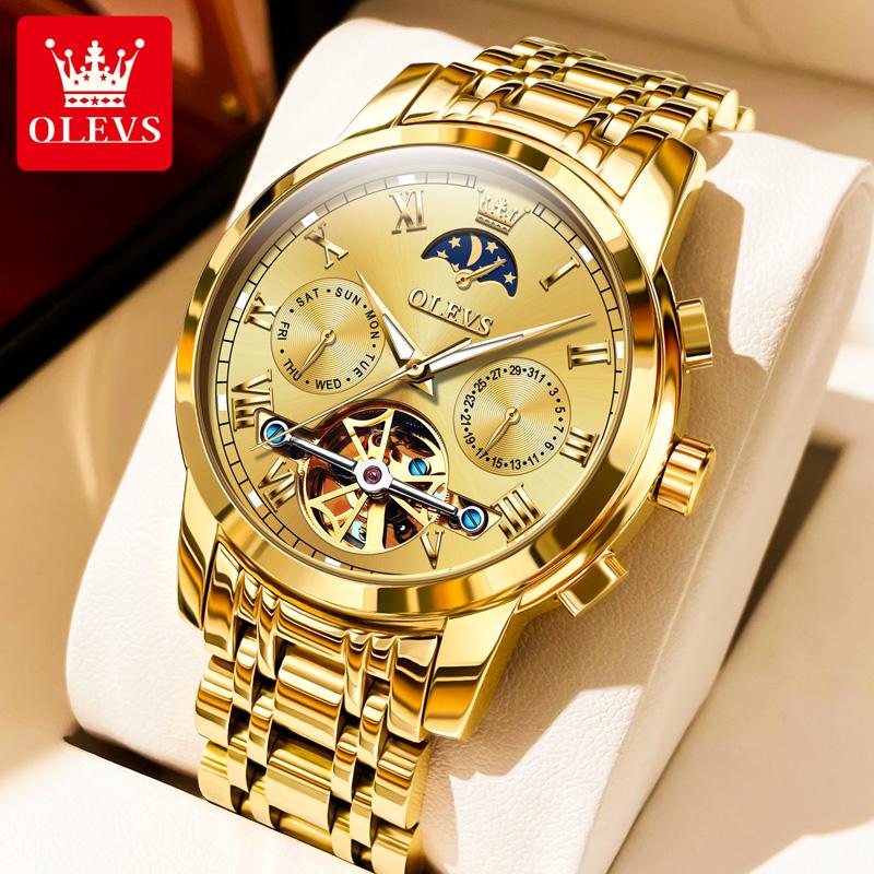 OLEVS 6617 Original Herrenuhr Luxus Skelett Hohl Schwungrad Automatikuhr für Herren Kalender Wasserdicht Mondphase Armbanduhr