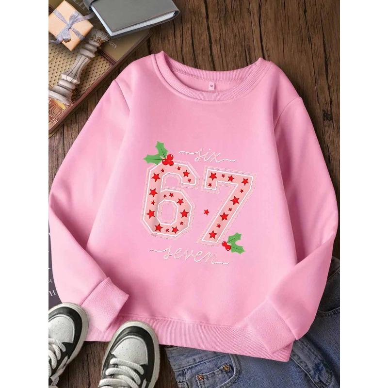 Kids Unisex Crewneck Sweatshirt, Christmas Holly Star 67 Six Seven Print Long Sleeve Pullover, Soft Casual Sweatshirt for Boys Girls Over 4 Years Old