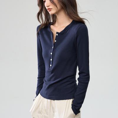 260g Yuke Zijde Henley Kraag Knoop Lange Mouw Dames Slim Fit Basis Shirt
