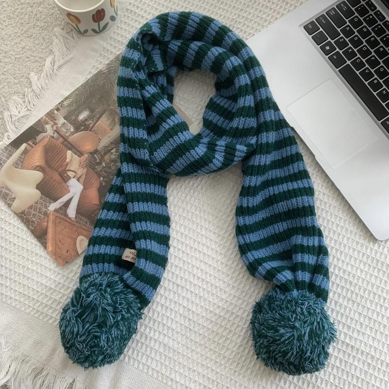 Winter Women Warm Stripe Scarf Knit Spring Thick Warm Winter Ball Ball Scarves Winter Casual Warmer Women Scarves For Women