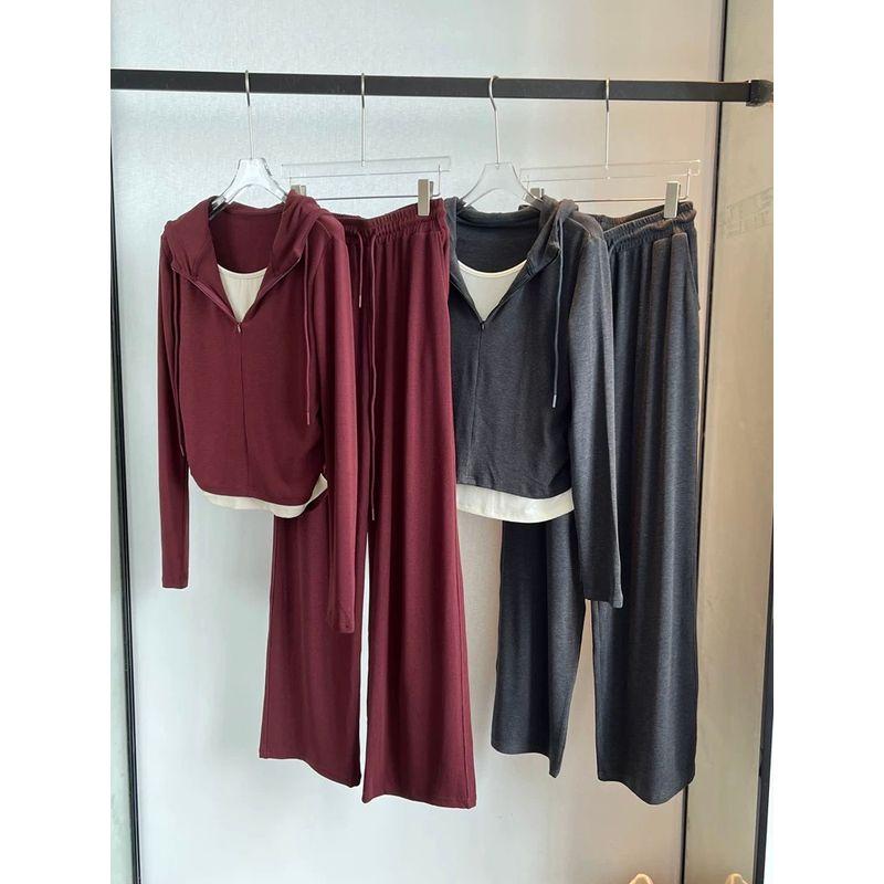 

A Small Amount of Cashmere! Top Goods Fashion Suit Women s Hooded Half Zipper Ruched Hoodie Coat with Loose Pants Pants Burgundy XXXL