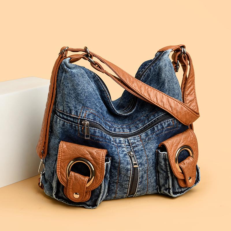 Women Fashion Denim Backpack Large Capacity Vintage Design Handbag Lady Soft Shoulder Bag Korean Beach Travel Backpacks Trend