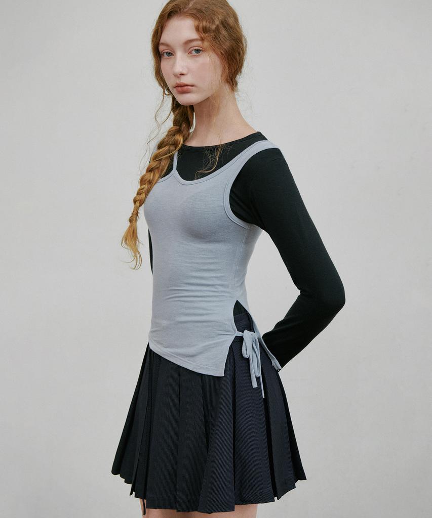 Belloel Ribbon Stripe Pleated Mini Skirt Navy