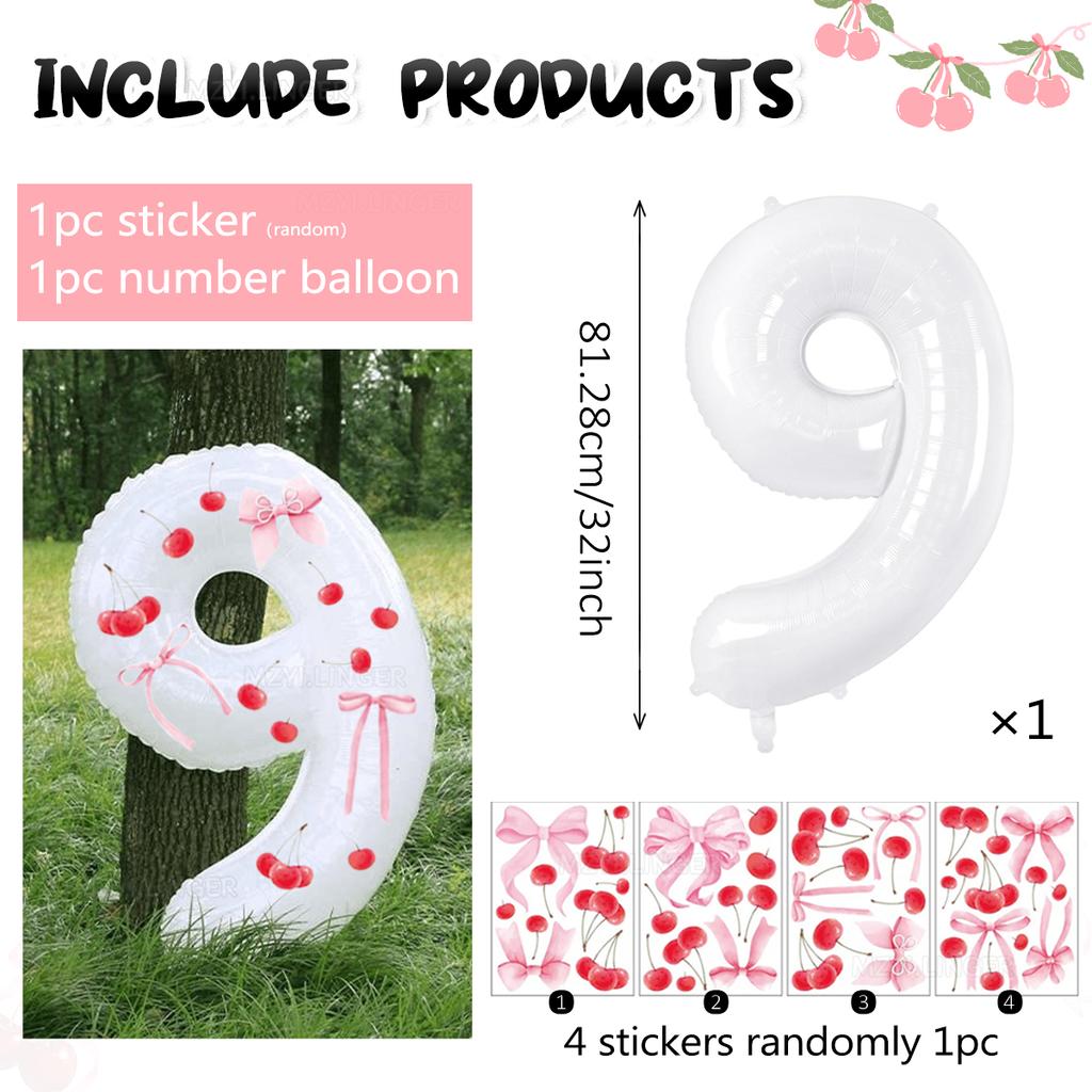 Palloncino digitale bianco da 32 pollici decorato con adesivi di ciliegie e adesivi con fiocchi per feste di compleanno e anniversari