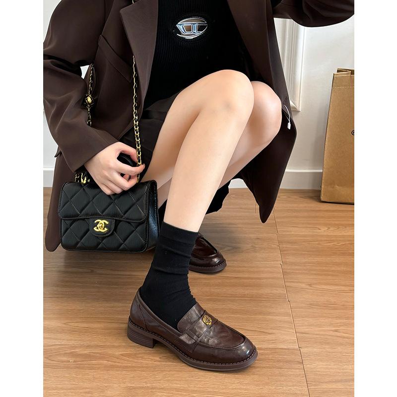 Sheepskin Version~ Genuine Leather Thick-soled Black Camellia One-pedal Loafers Women's Retro Small Leather Shoes Single Shoes