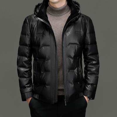 Veste d'hiver en cuir véritable, Grande taille Veste à capuche en duvet pour homme, Veste en duvet en cuir de mouton, Veste en cuir décontractée pour papa